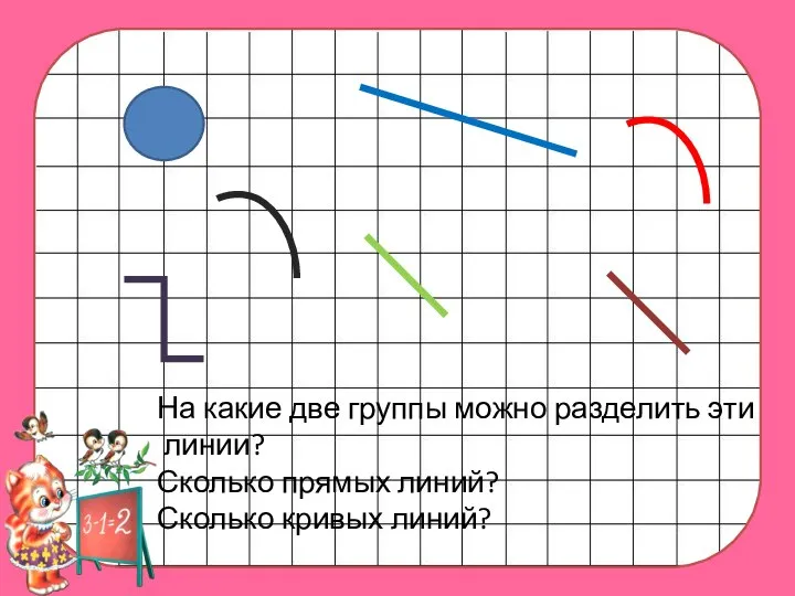 На какие две группы можно разделить эти линии? Сколько прямых линий? Сколько кривых линий?