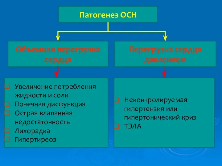 Патогенез ОСН Объемная перегрузка сердца Перегрузка сердца давлением Увеличение потребления жидкости