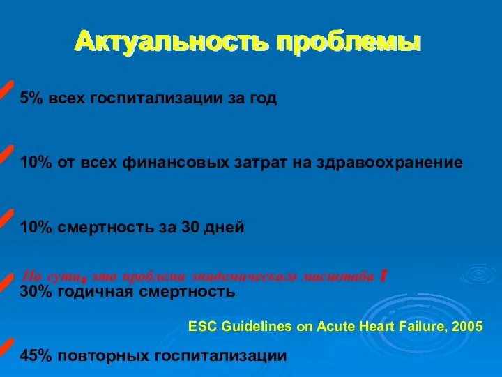 Актуальность проблемы 5% всех госпитализации за год 10% от всех финансовых