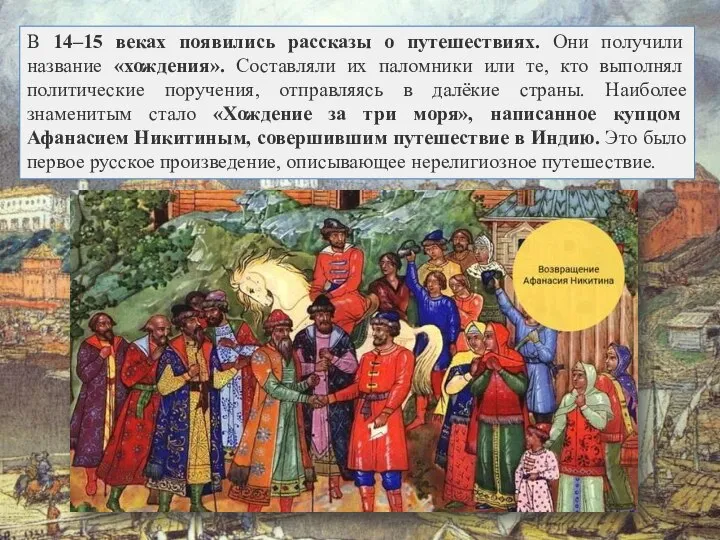 В 14–15 веках появились рассказы о путешествиях. Они получили название «хождения».