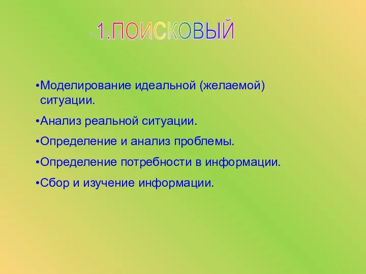 1.ПОИСКОВЫЙ Моделирование идеальной (желаемой) ситуации. Анализ реальной ситуации. Определение и анализ