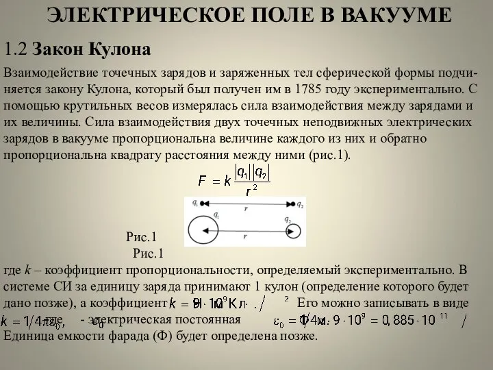 ЭЛЕКТРИЧЕСКОЕ ПОЛЕ В ВАКУУМЕ 1.2 Закон Кулона Взаимодействие точечных зарядов и