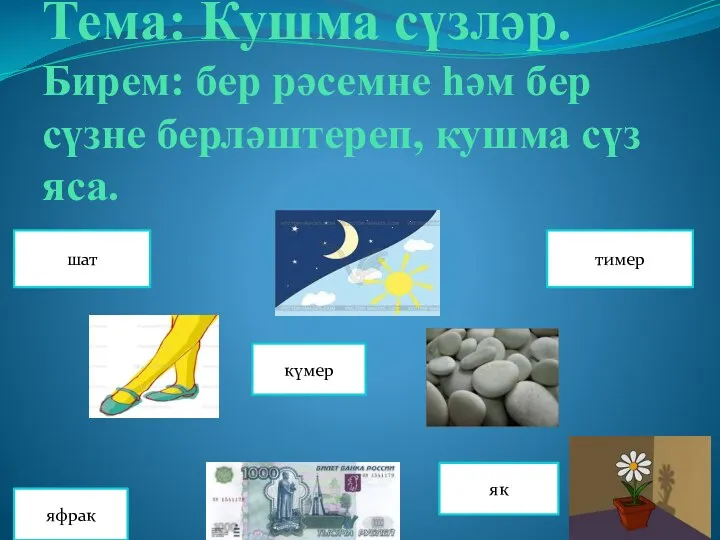 Тема: Кушма сүзләр. Бирем: бер рәсемне һәм бер сүзне берләштереп, кушма