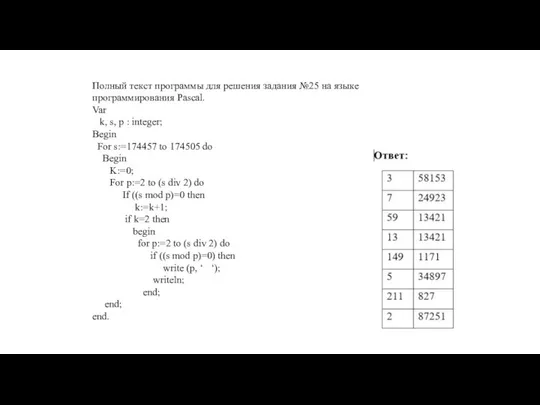 Полный текст программы для решения задания №25 на языке программирования Pascal.