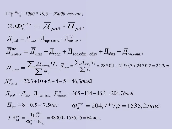 1.Тробщп= 5000 * 19,6 = 98000 чел-час.