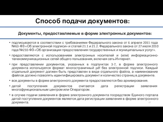 Способ подачи документов: Документы, предоставляемые в форме электронных документов: подписываются в