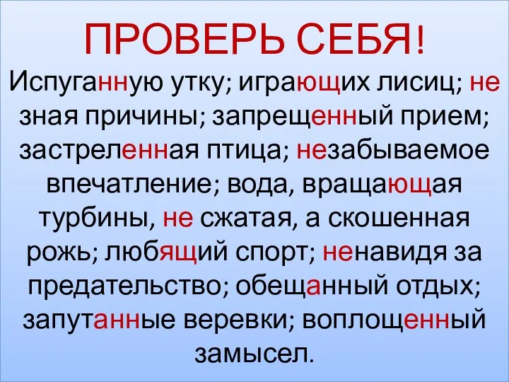 ПРОВЕРЬ СЕБЯ! Испуганную утку; играющих лисиц; не зная причины; запрещенный прием;