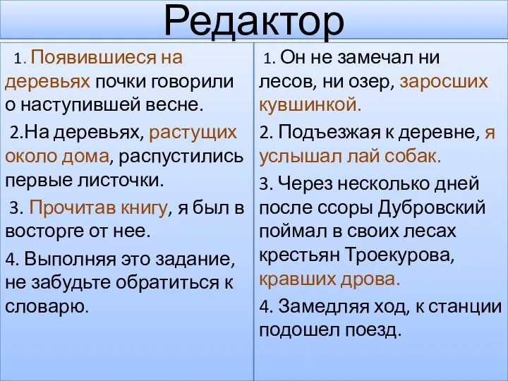 Редактор 1. Появившиеся на деревьях почки говорили о наступившей весне. 2.На