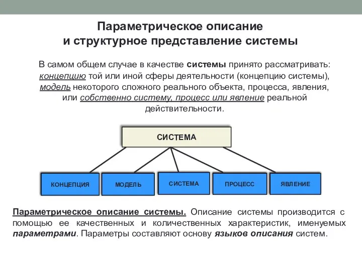 Параметрическое описание и структурное представление системы В самом общем случае в