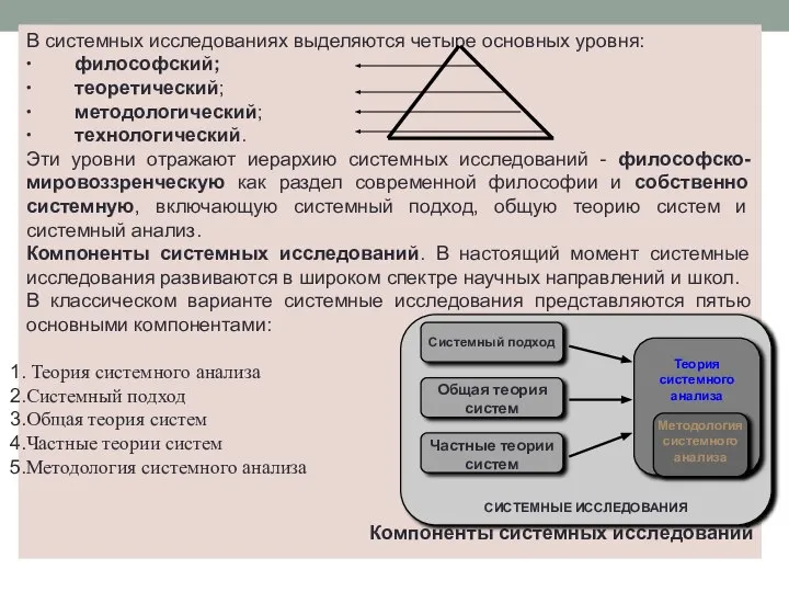 В системных исследованиях выделяются четыре основных уровня: ∙ философский; ∙ теоретический;