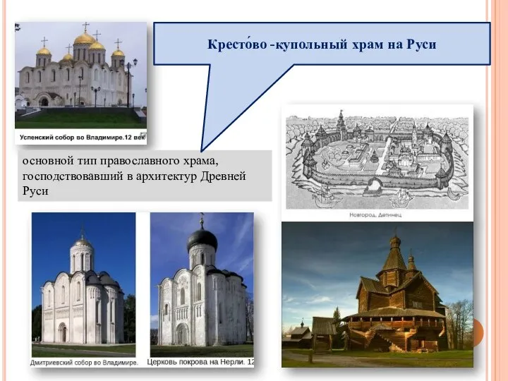 основной тип православного храма, господствовавший в архитектур Древней Руси Кресто́во -купольный храм на Руси