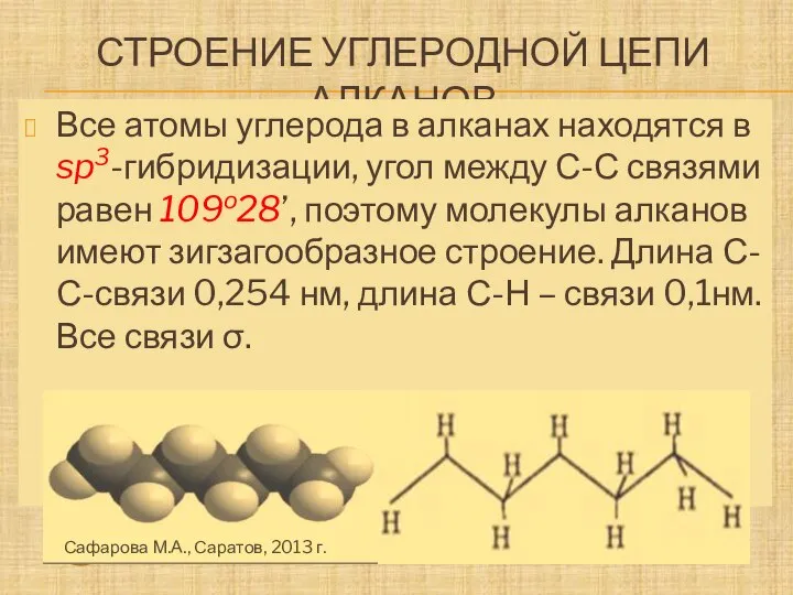 СТРОЕНИЕ УГЛЕРОДНОЙ ЦЕПИ АЛКАНОВ Молекула метана Молекула этана - Атомы водорода