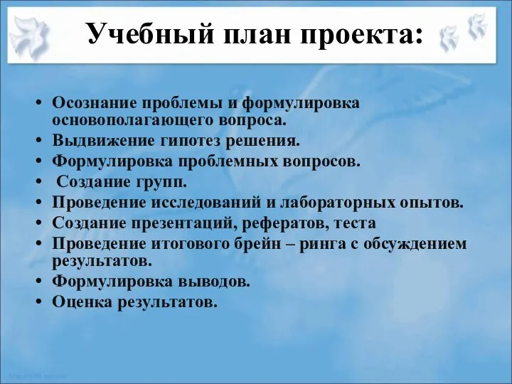 Учебный план проекта: Осознание проблемы и формулировка основополагающего вопроса. Выдвижение гипотез