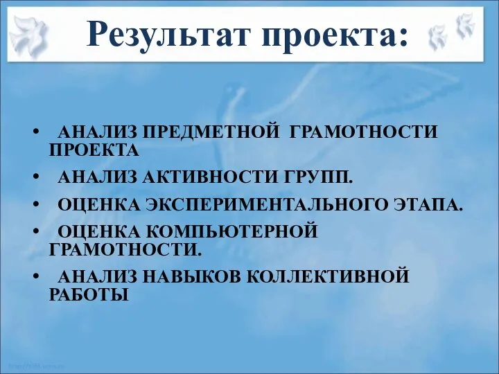 Результат проекта: АНАЛИЗ ПРЕДМЕТНОЙ ГРАМОТНОСТИ ПРОЕКТА АНАЛИЗ АКТИВНОСТИ ГРУПП. ОЦЕНКА ЭКСПЕРИМЕНТАЛЬНОГО