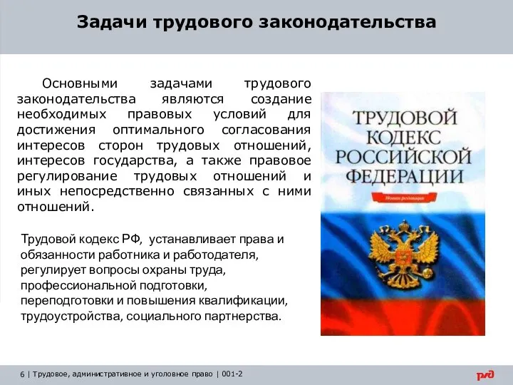 Задачи трудового законодательства Основными задачами трудового законодательства являются создание необходимых правовых