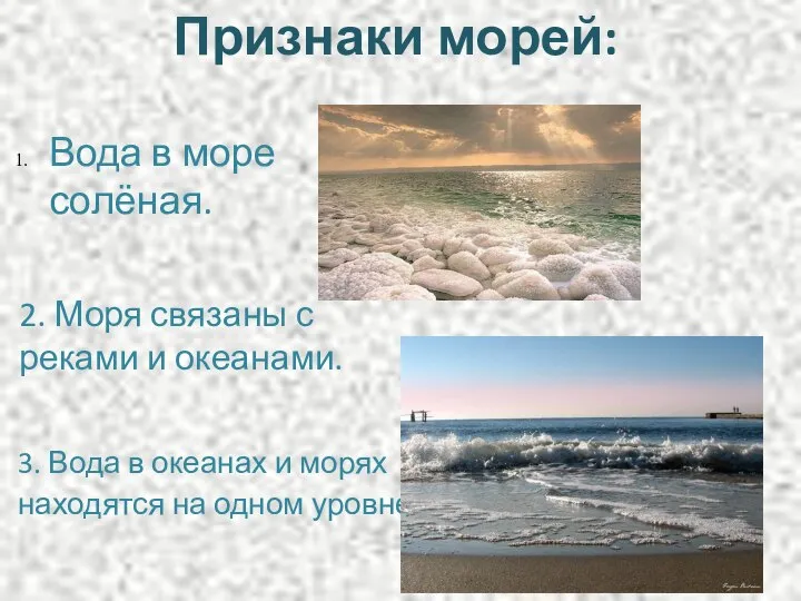 Признаки морей: Вода в море солёная. 2. Моря связаны с реками