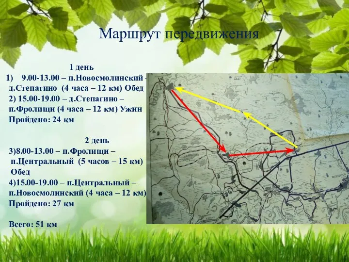 Маршрут передвижения 1 день 9.00-13.00 – п.Новосмолинский – д.Степагино (4 часа