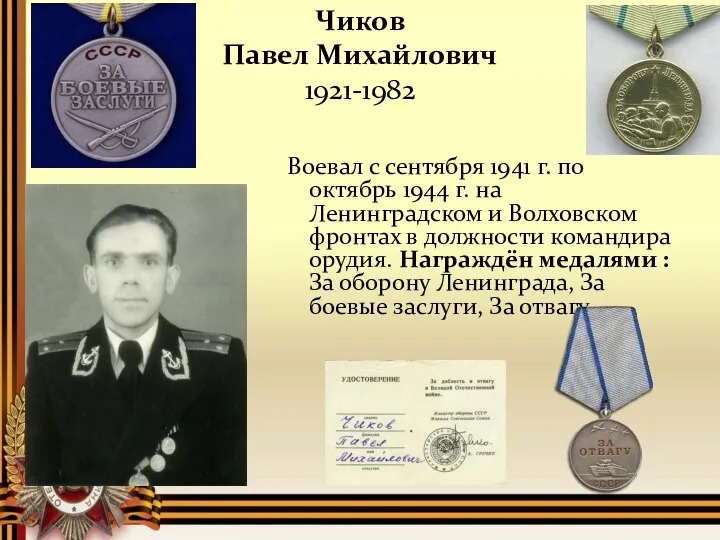 Чиков Павел Михайлович 1921-1982 Воевал с сентября 1941 г. по октябрь