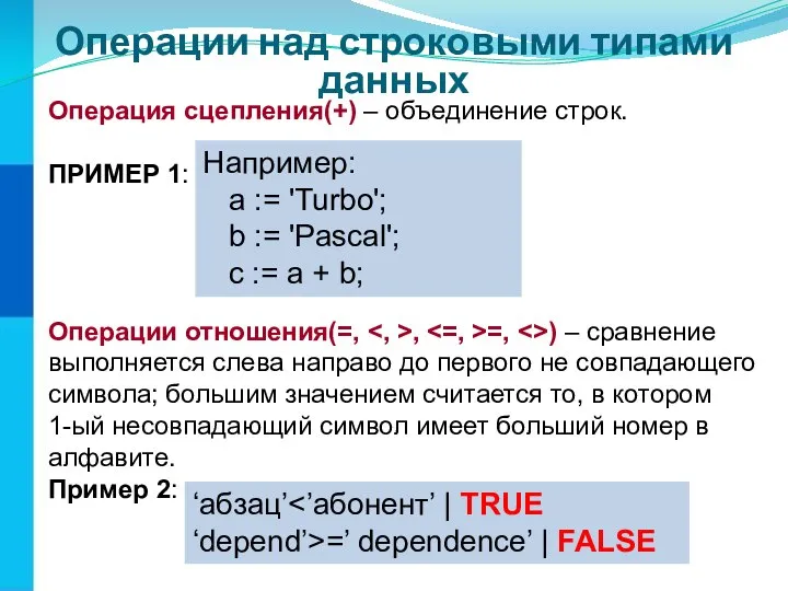 Операции над строковыми типами данных Операция сцепления(+) – объединение строк. ПРИМЕР