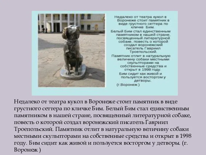 Недалеко от театра кукол в Воронеже стоит памятник в виде грустного