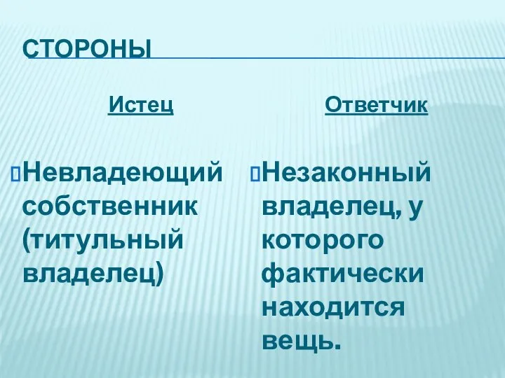 СТОРОНЫ Истец Невладеющий собственник (титульный владелец) Ответчик Незаконный владелец, у которого фактически находится вещь.