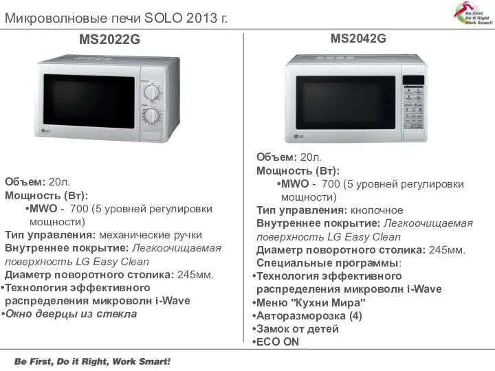 MS2022G Микроволновые печи SOLO 2013 г. MS2042G Объем: 20л. Мощность (Вт):