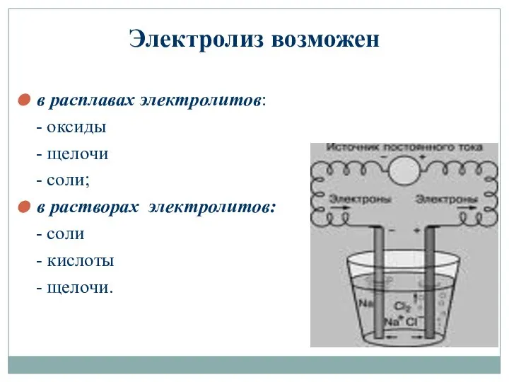 Электролиз возможен в расплавах электролитов: - оксиды - щелочи - соли;