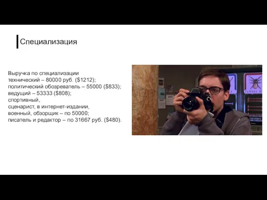 Специализация Выручка по специализации технический – 80000 руб. ($1212); политический обозреватель
