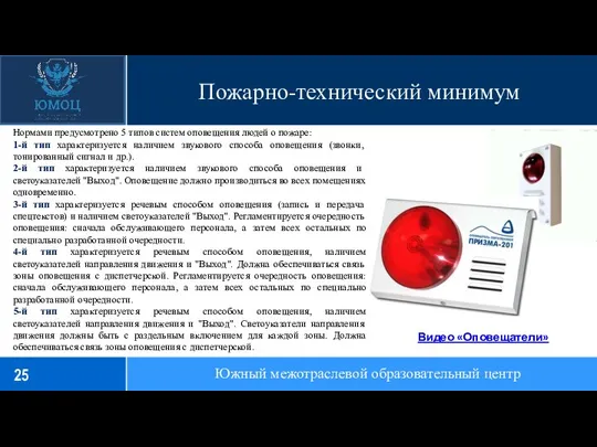 Пожарно-технический минимум Южный межотраслевой образовательный центр Нормами предусмотрено 5 типов систем