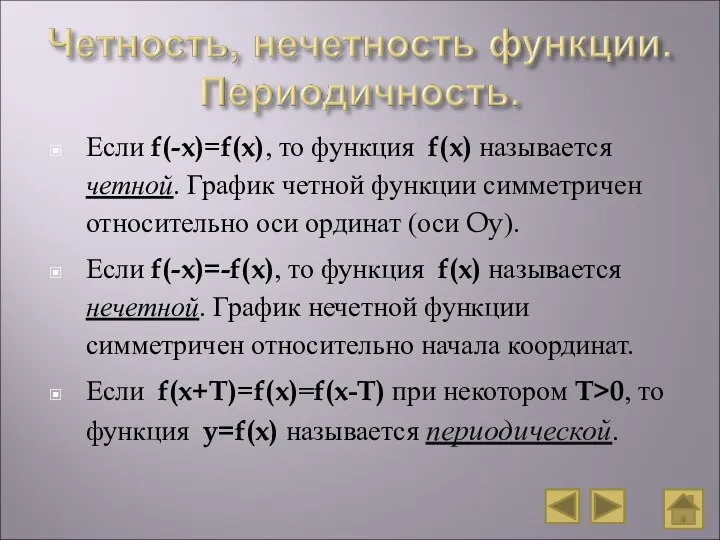 Если f(-x)=f(x), то функция f(x) называется четной. График четной функции симметричен