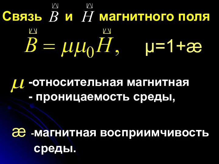 Связь и магнитного поля μ=1+æ относительная магнитная проницаемость среды, æ магнитная восприимчивость среды.