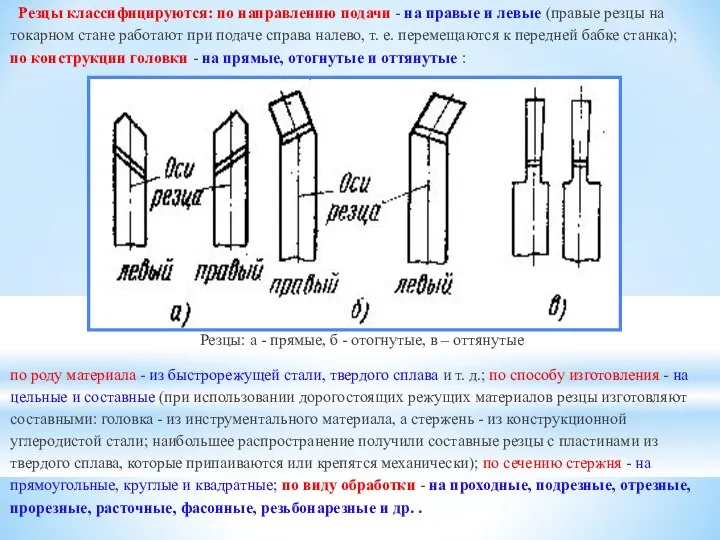 Резцы классифицируются: по направлению подачи - на правые и левые (правые