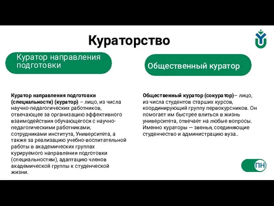 Кураторство Куратор направления подготовки (специальности) (куратор) – лицо, из числа научно-педагогических