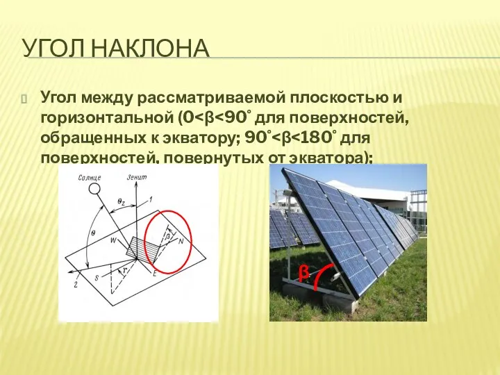 УГОЛ НАКЛОНА Угол между рассматриваемой плоскостью и горизонтальной (0