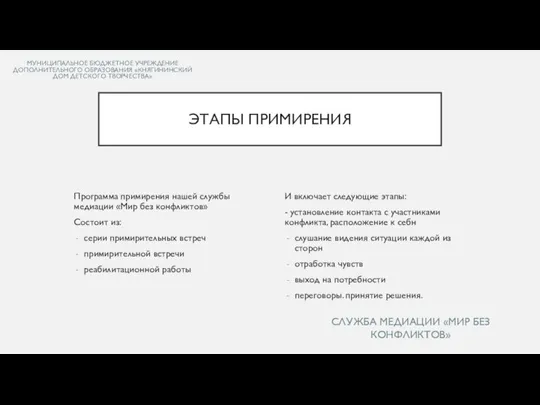 МУНИЦИПАЛЬНОЕ БЮДЖЕТНОЕ УЧРЕЖДЕНИЕ ДОПОЛНИТЕЛЬНОГО ОБРАЗОВАНИЯ «КНЯГИНИНСКИЙ ДОМ ДЕТСКОГО ТВОРЧЕСТВА» Программа примирения