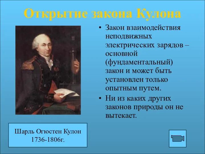 Открытие закона Кулона Закон взаимодействия неподвижных электрических зарядов – основной (фундаментальный)