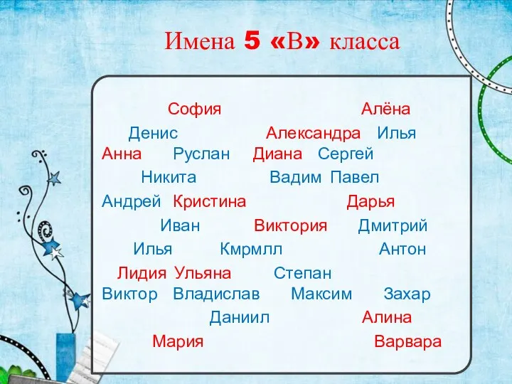 Имена 5 «В» класса София Алёна Денис Александра Илья Анна Руслан