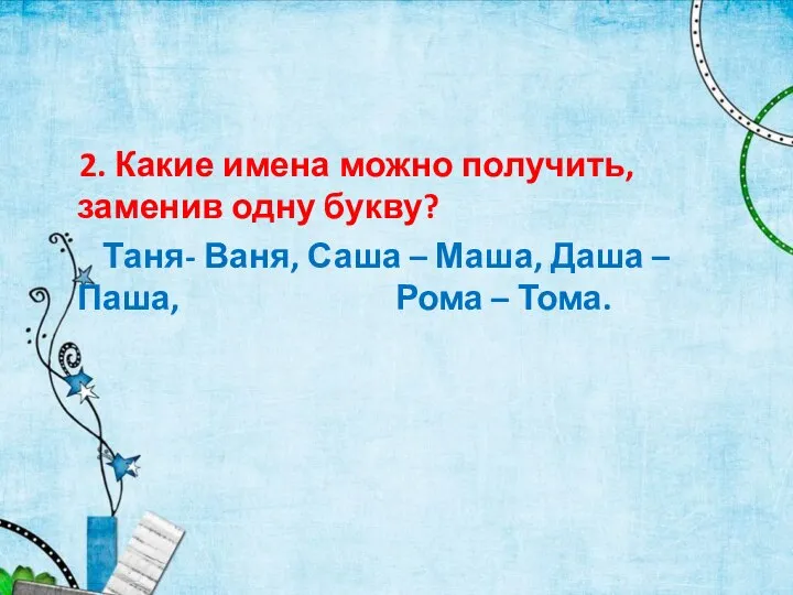 2. Какие имена можно получить, заменив одну букву? Таня- Ваня, Саша