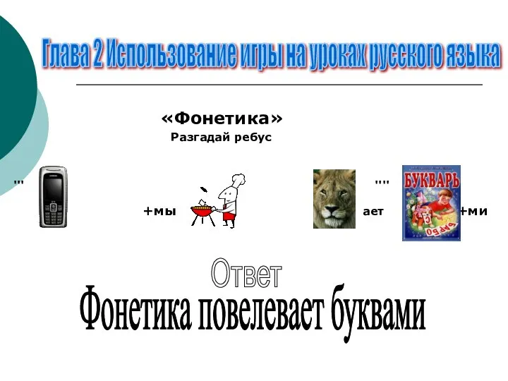 «Фонетика» Разгадай ребус ''' '''' +мы ает +ми Глава 2 Использование