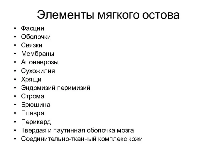 Элементы мягкого остова Фасции Оболочки Связки Мембраны Апоневрозы Сухожилия Хрящи Эндомизий