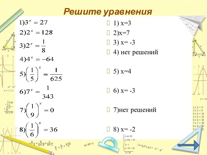 Решите уравнения 1) х=3 2)х=7 3) х= -3 4) нет решений