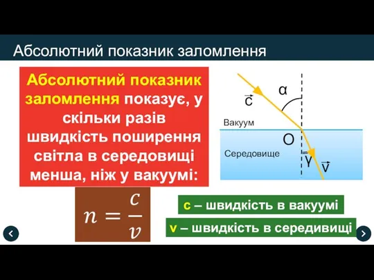 Абсолютний показник заломлення Абсолютний показник заломлення показує, у скільки разів швидкість