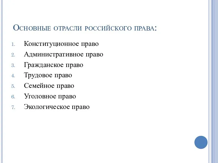 Основные отрасли российского права: Конституционное право Административное право Гражданское право Трудовое