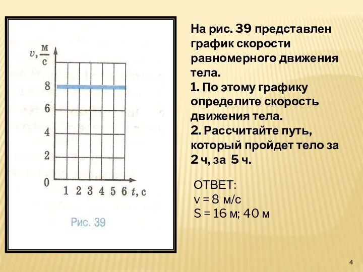 На рис. 39 представлен график скорости равномерного движения тела. 1. По