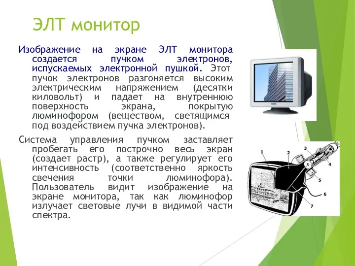 ЭЛТ монитор Изображение на экране ЭЛТ монитора создается пучком электронов, испускаемых