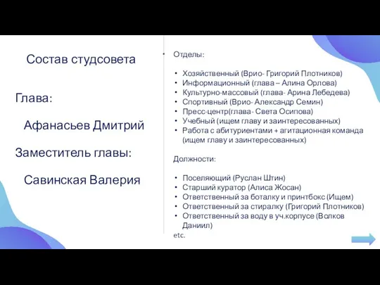 Глава: Афанасьев Дмитрий Заместитель главы: Савинская Валерия Состав студсовета Отделы: Хозяйственный