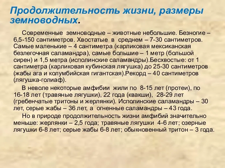 Продолжительность жизни, размеры земноводных. Современные земноводные – животные небольшие. Безногие –