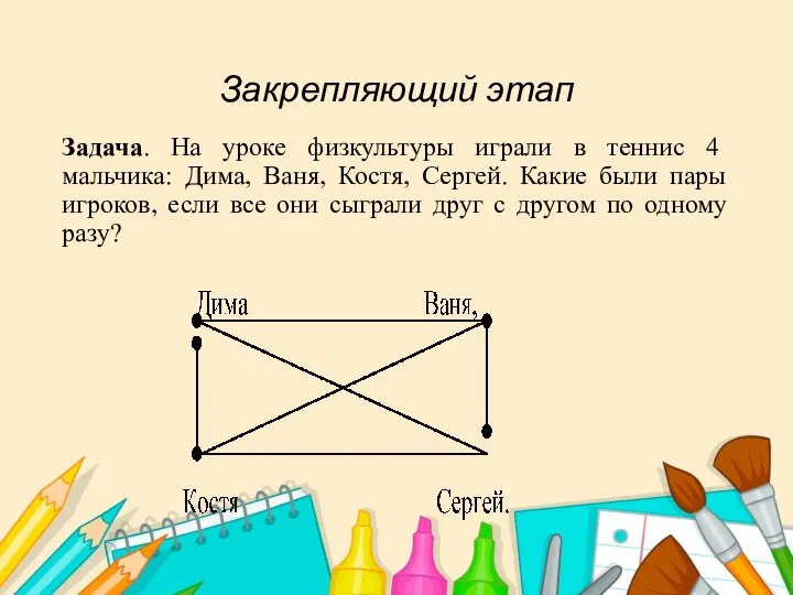 Закрепляющий этап Задача. На уроке физкультуры играли в теннис 4 мальчика: