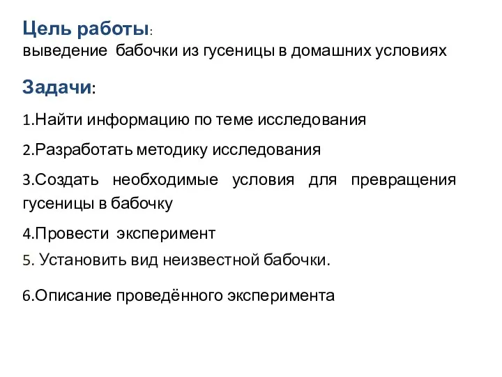 Цель работы: выведение бабочки из гусеницы в домашних условиях Задачи: 1.Найти