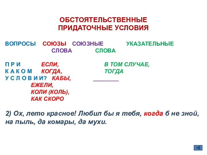 ОБСТОЯТЕЛЬСТВЕННЫЕ ПРИДАТОЧНЫЕ УСЛОВИЯ ВОПРОСЫ СОЮЗЫ СОЮЗНЫЕ УКАЗАТЕЛЬНЫЕ СЛОВА СЛОВА П Р